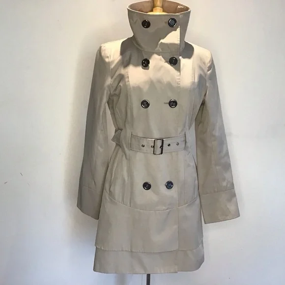 Guess Y2K VTG gray double breasted funnel neck belted skirt rain trenchcoat M - Picture 1 of 11
